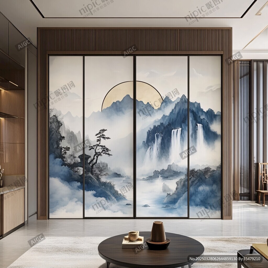 中式山水風(fēng)客廳移門設(shè)計(jì)