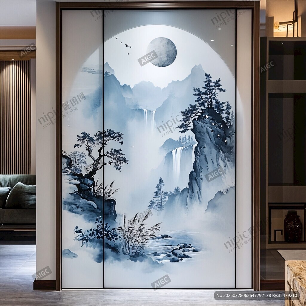 中式山水藝術玻璃隔斷畫
