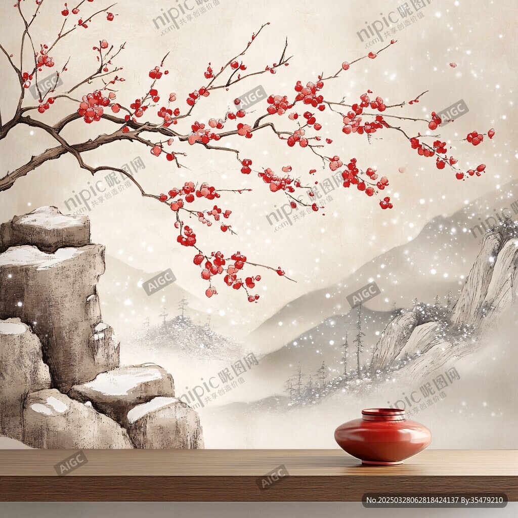 紅梅傲雪中式山水意境圖