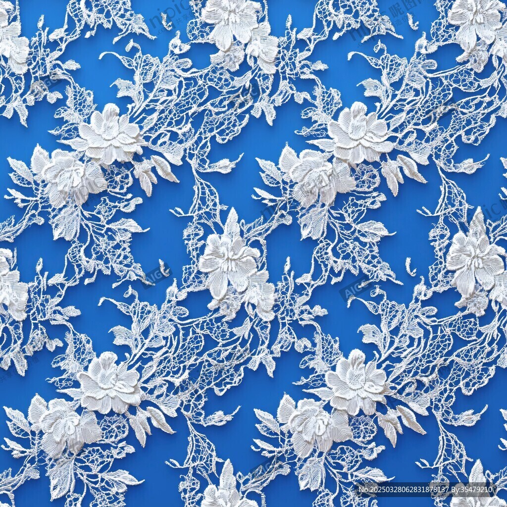 藍色底白色蕾絲花卉圖案