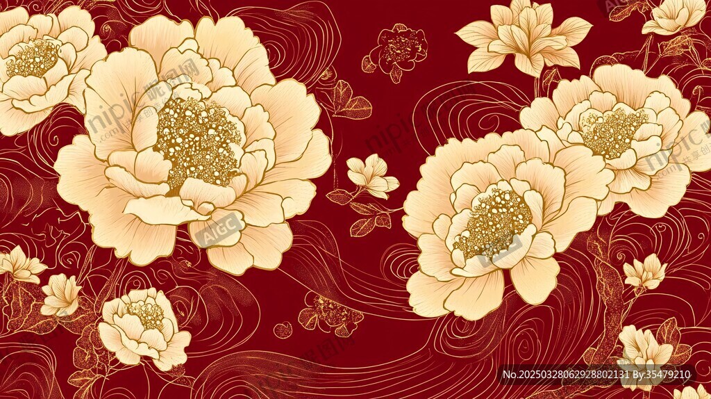 紅底金牡丹中式花紋圖案