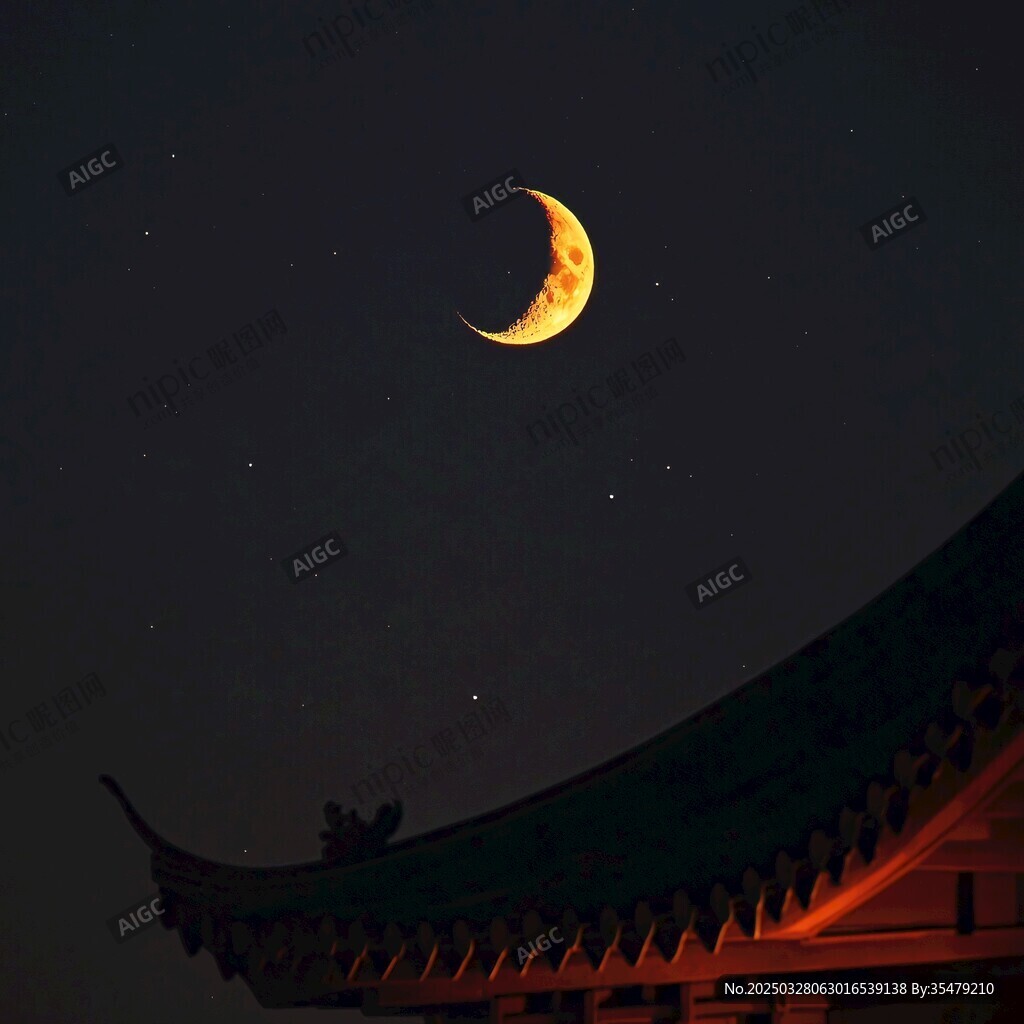 古建之上的彎月星空