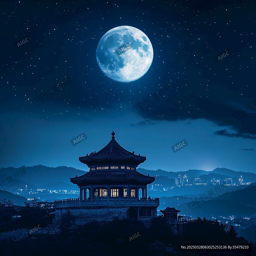 月夜下的古典樓閣美景