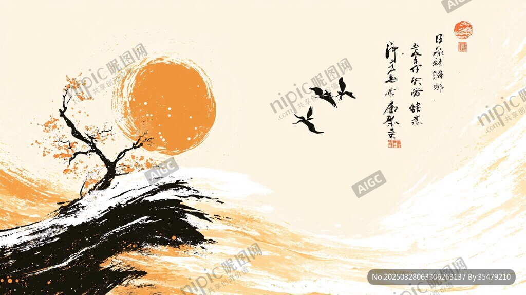 落日孤樹飛鳥中式意境圖