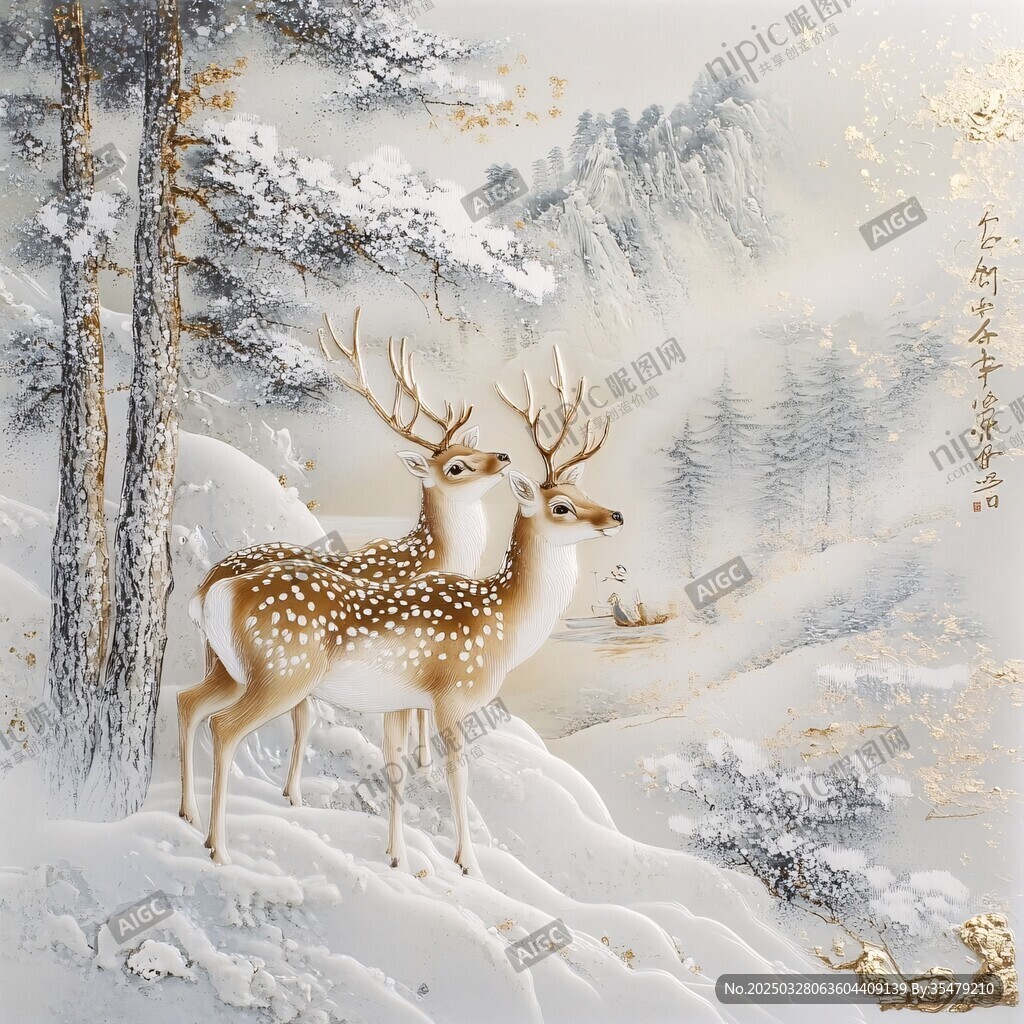 雪林雙鹿圖