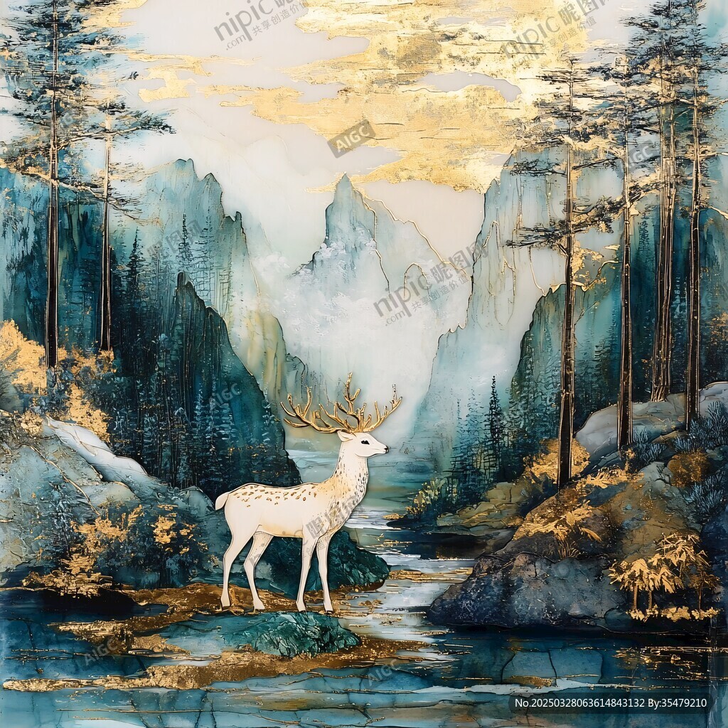 夢幻山林中的白鹿景致