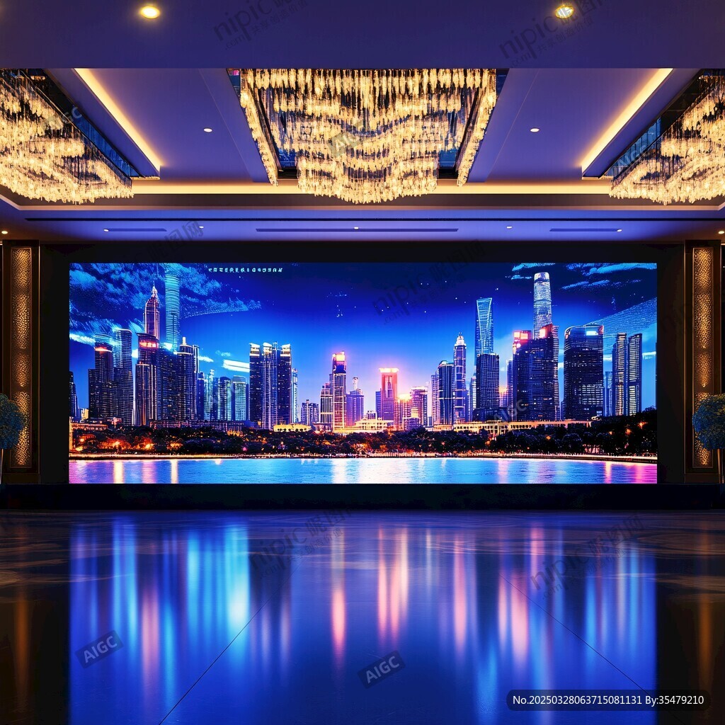 豪華大廳中的城市夜景大屏