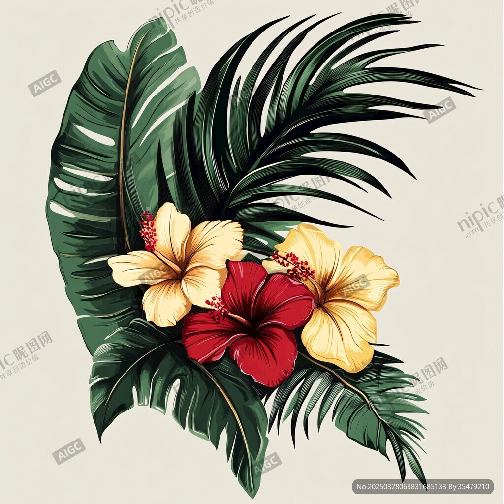 熱帶花卉與綠葉插畫