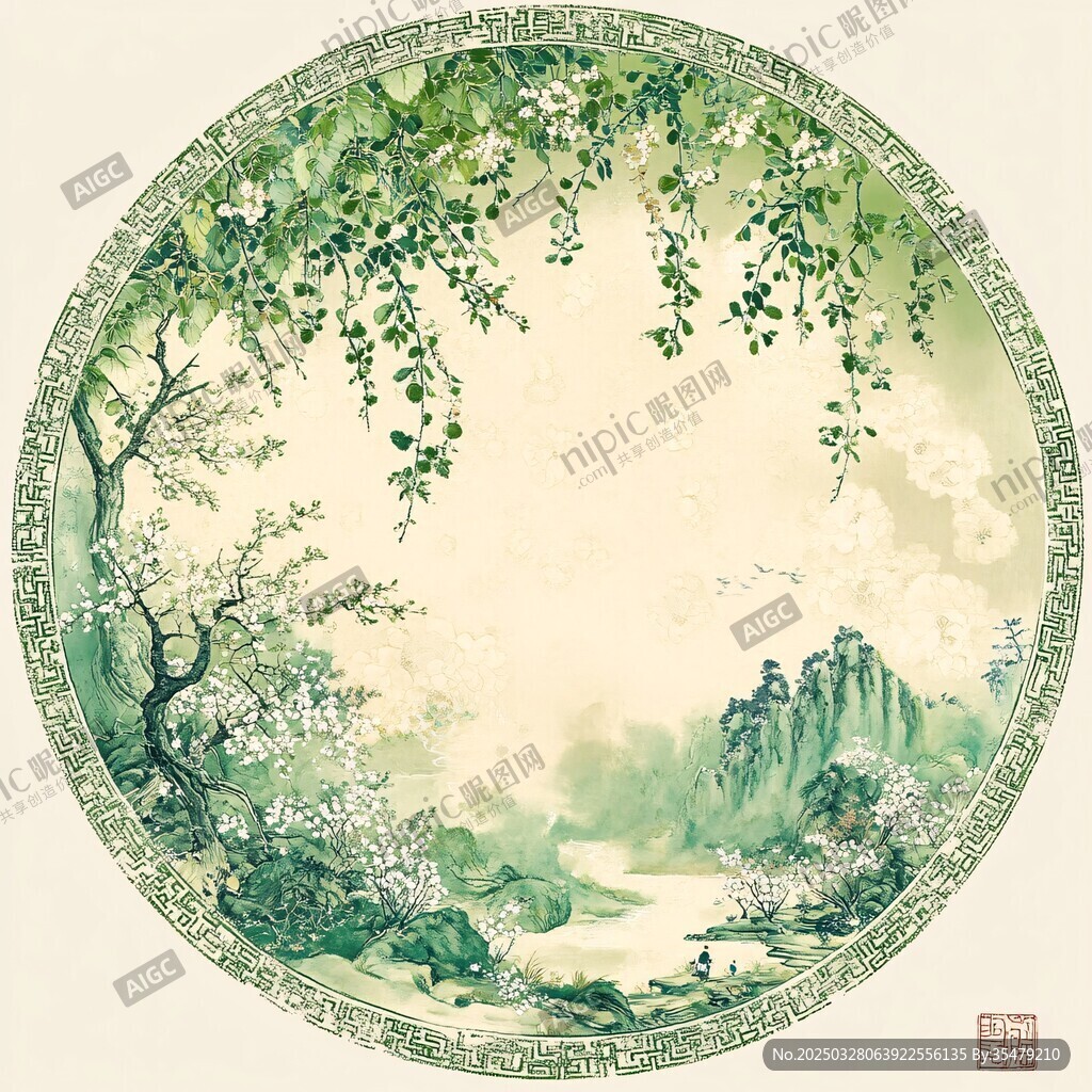 中式圓形山水花鳥意境畫