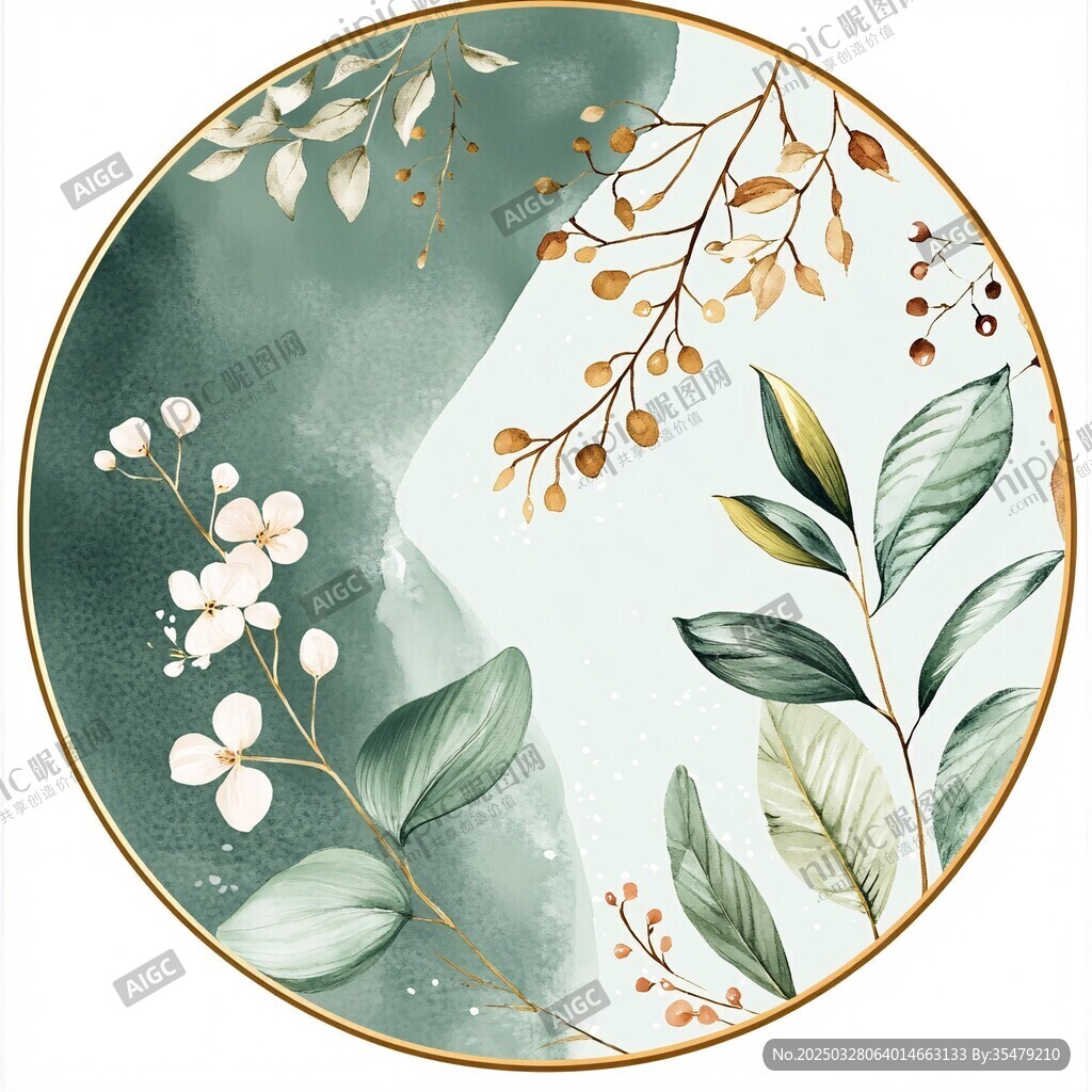 圓形綠植花卉水彩裝飾畫