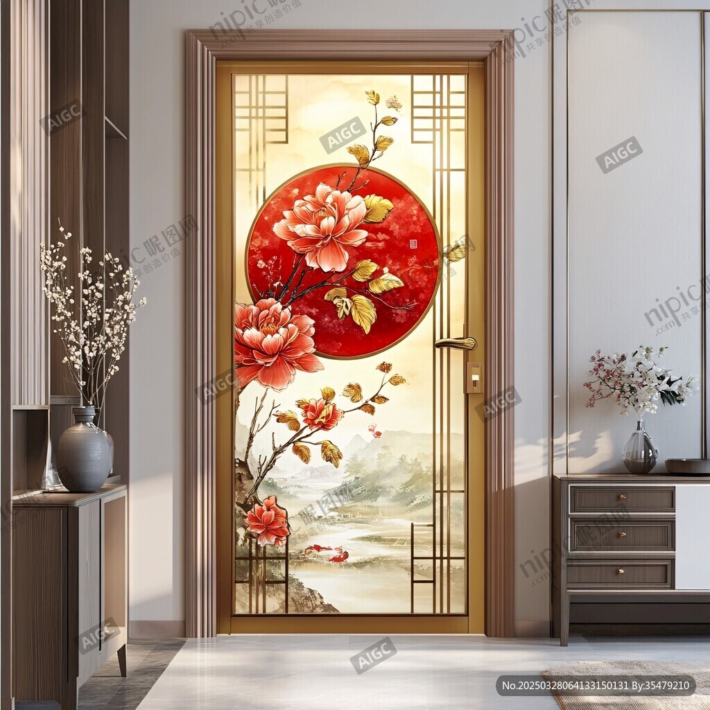 中式繁花入戶門裝飾畫