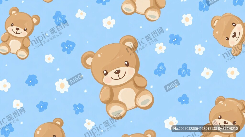 小熊花朵藍色可愛無縫圖案