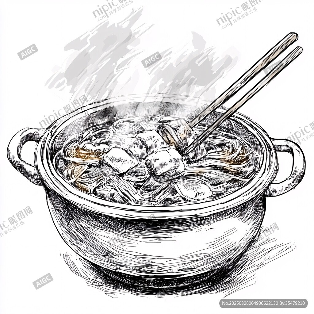 手繪熱氣騰騰的美味湯鍋