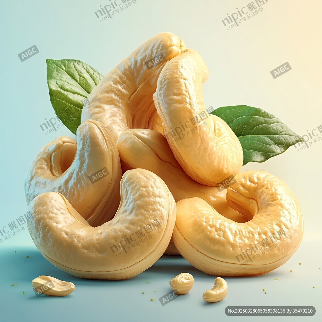 新鮮腰果堆疊 綠葉相伴