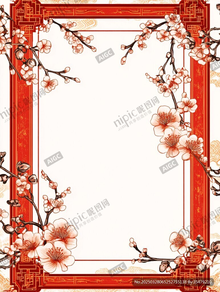 中式紅梅邊框喜慶背景圖
