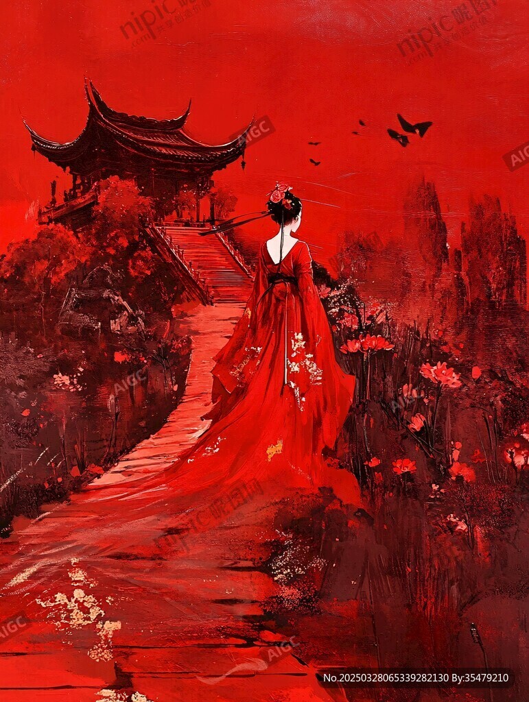 紅衣佳人漫步古風(fēng)景致