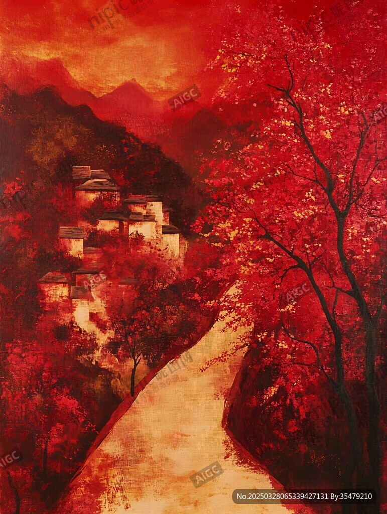 秋日紅韻中的山間村落