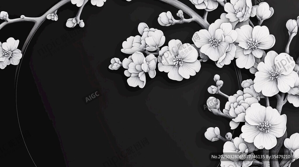 中式黑白花卉裝飾圖案