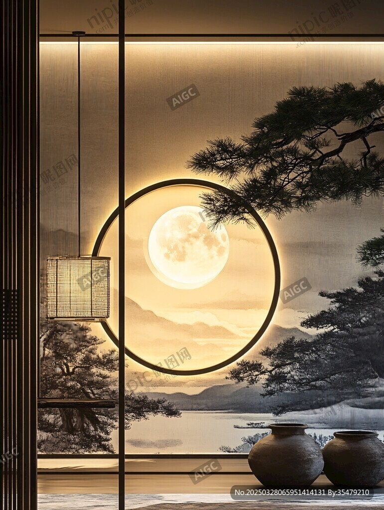 中式窗景中的月夜山水韻
