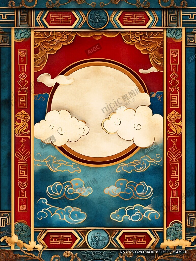 中式古典圓月祥云邊框圖