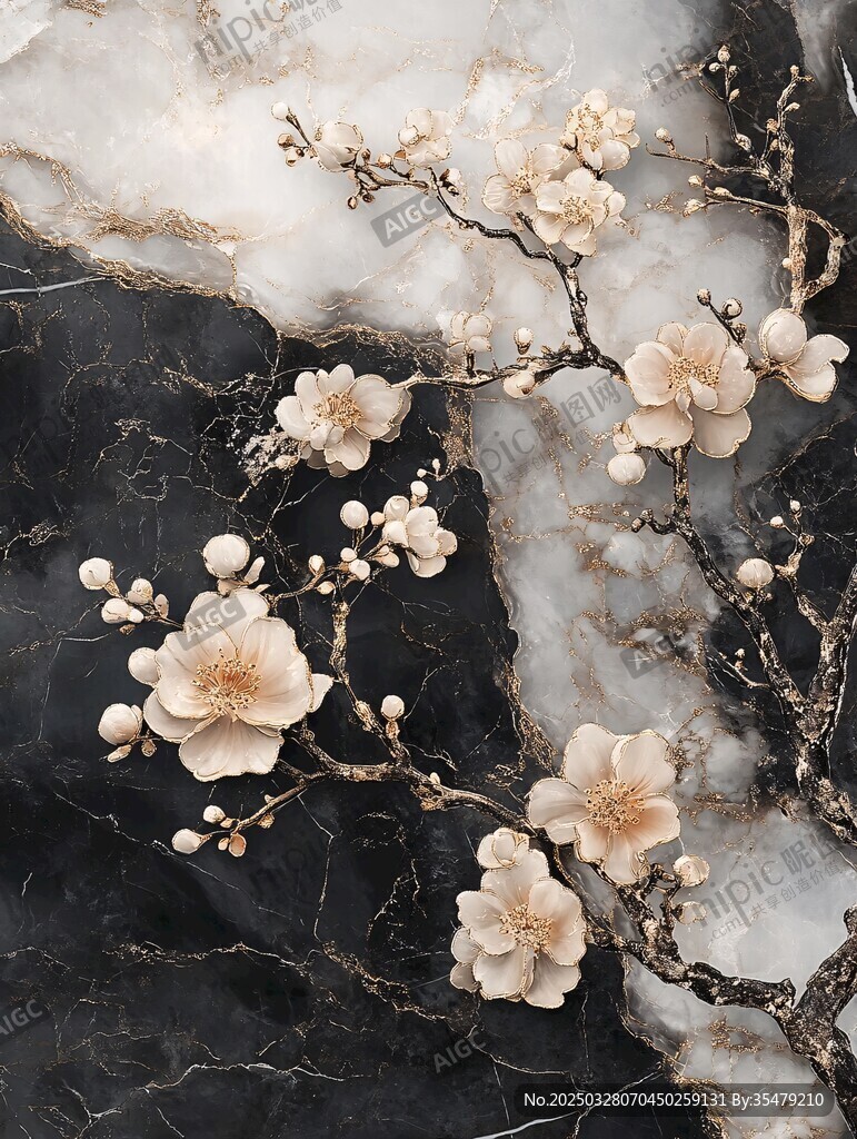 水墨大理石上的雅致梅花