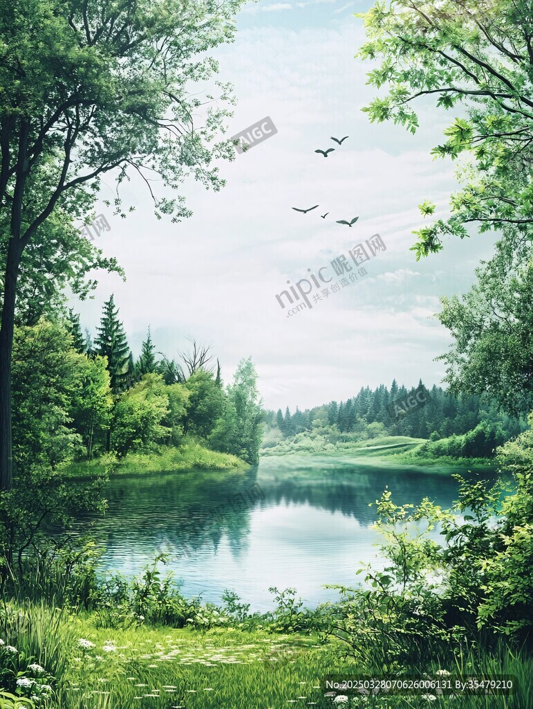 森林湖畔美景 飛鳥相伴