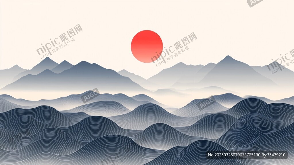 紅日映群山 水墨意境美