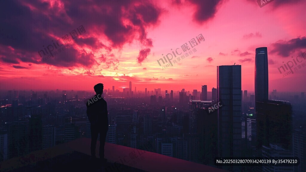 夕陽下的城市孤獨背影