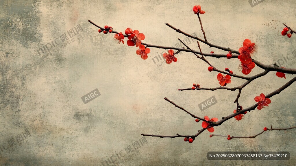 復(fù)古風(fēng)紅梅綻放枝頭