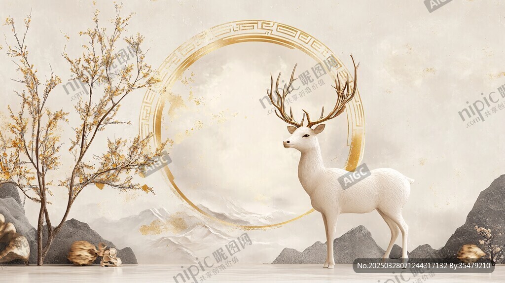 夢幻白鹿于中式景致中