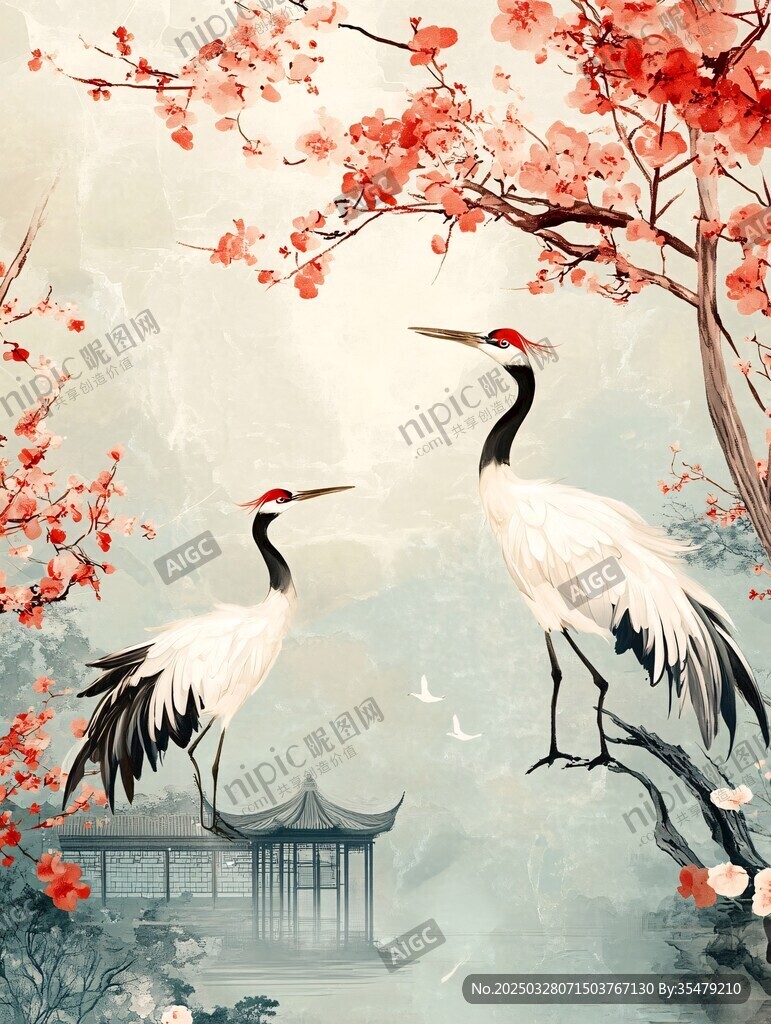 雙鶴棲枝映中式美景