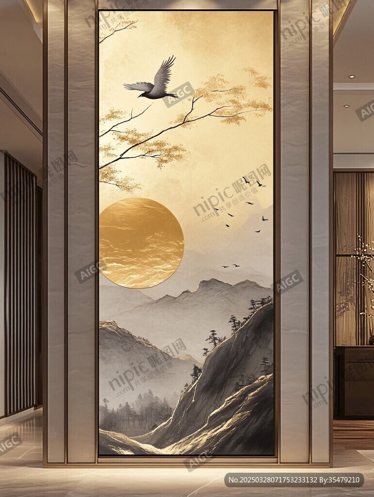 中式山水飛鳥玄關裝飾畫