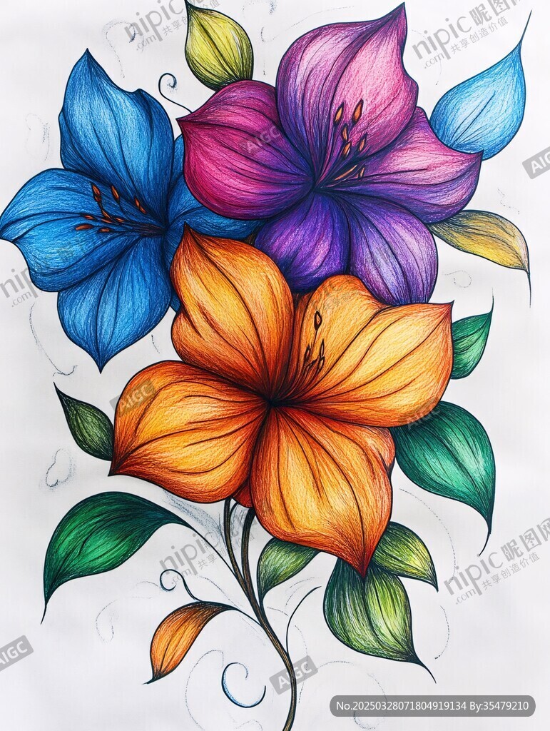 多彩手繪花卉插畫