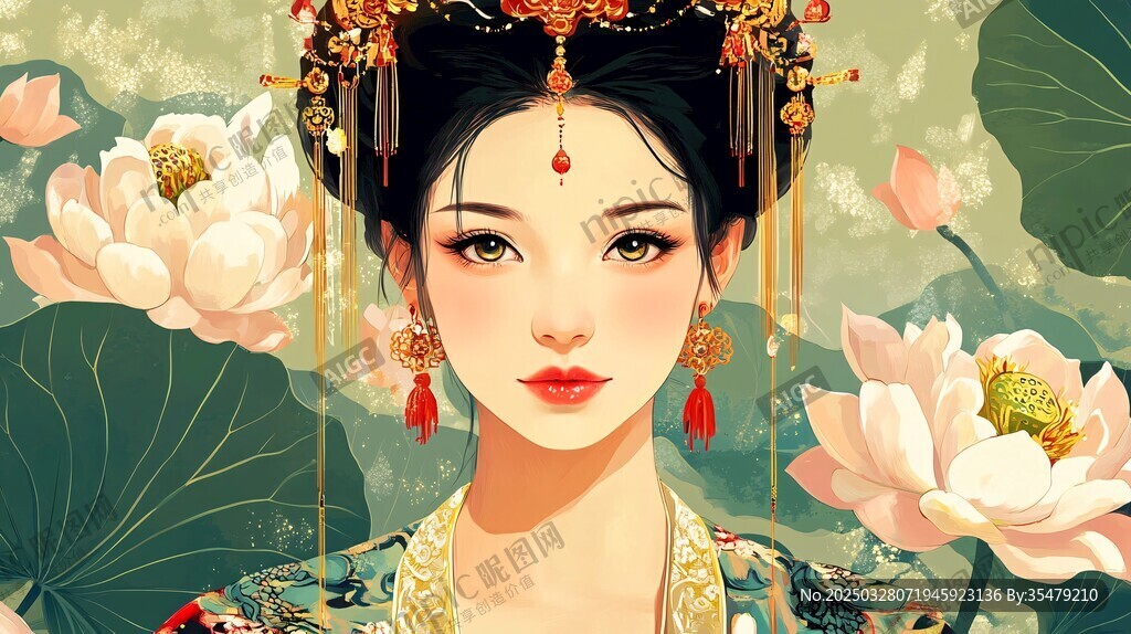 古典美人于荷花間的雅致風姿