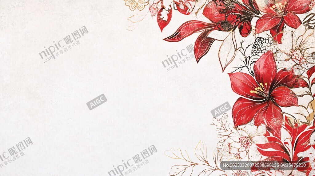 復古風紅白色花卉邊框圖