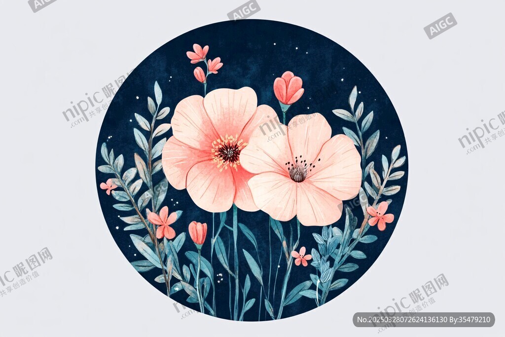 圓形花卉插畫 夢幻粉色花朵