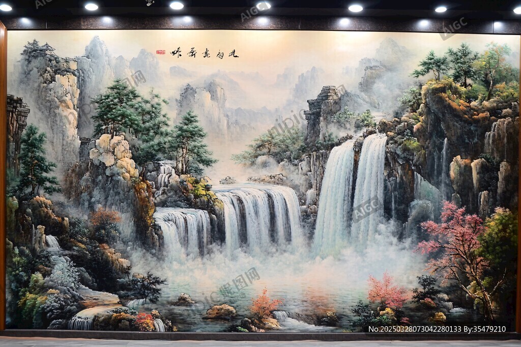 山水瀑布國畫藝術作品