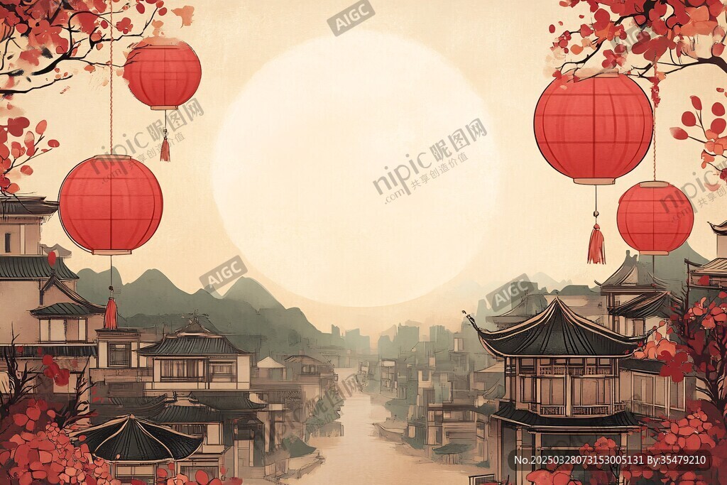 古風小鎮月夜紅燈盛景
