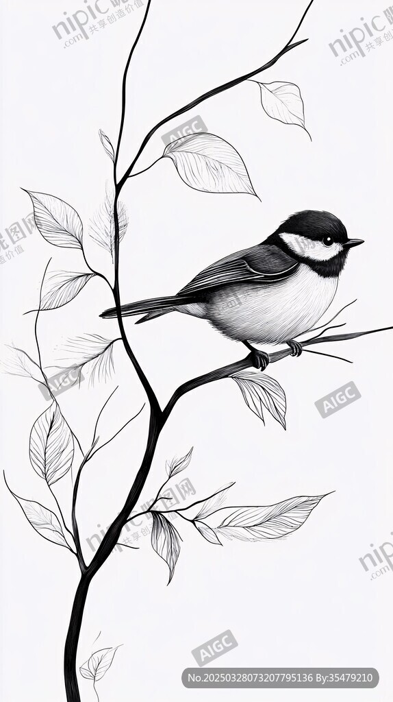 枝頭小鳥(niǎo)黑白簡(jiǎn)約插畫(huà)