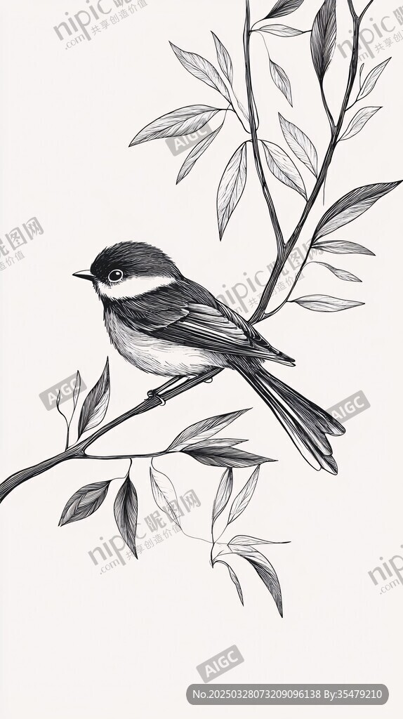枝頭小鳥黑白素描畫