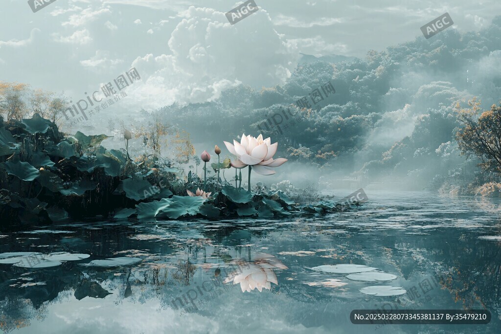 水墨荷塘中的夢(mèng)幻蓮花