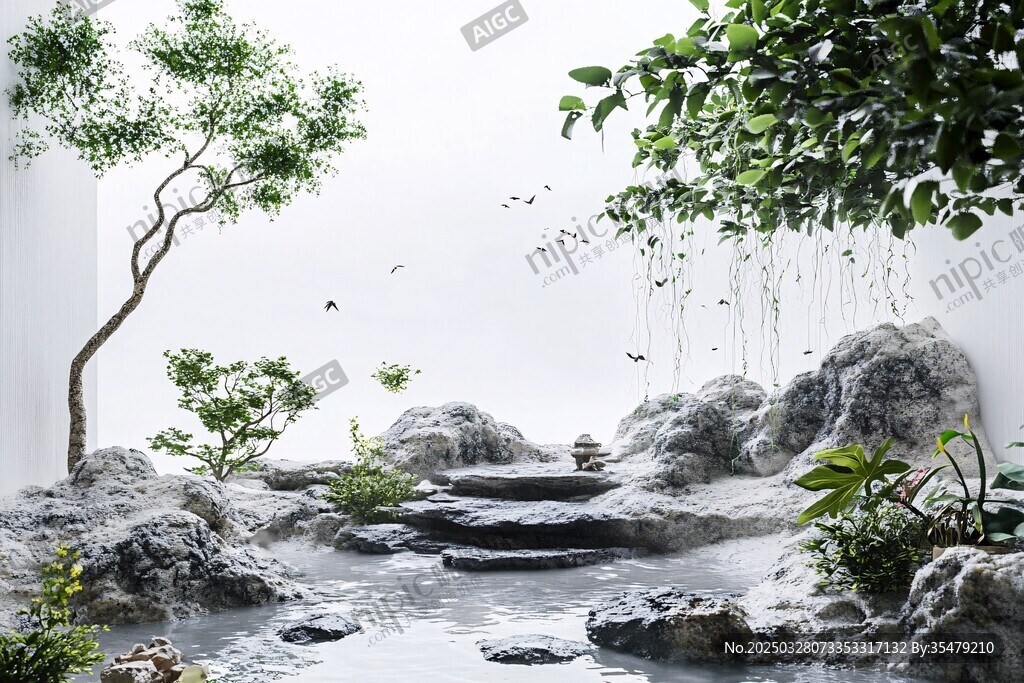 中式禪意庭院景觀意境圖