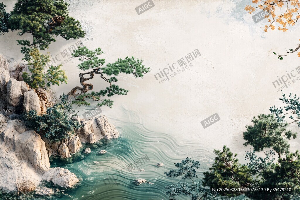 水墨山水間的青松奇石