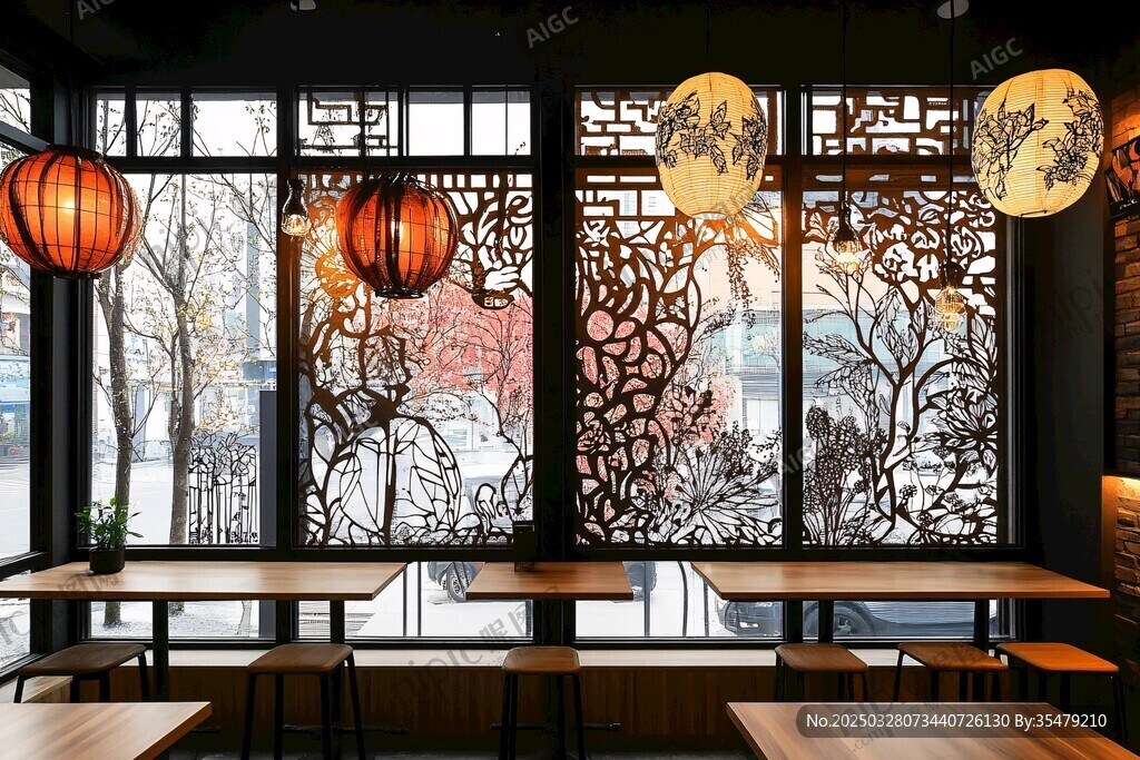 中式餐廳內的雅致窗飾與燈籠