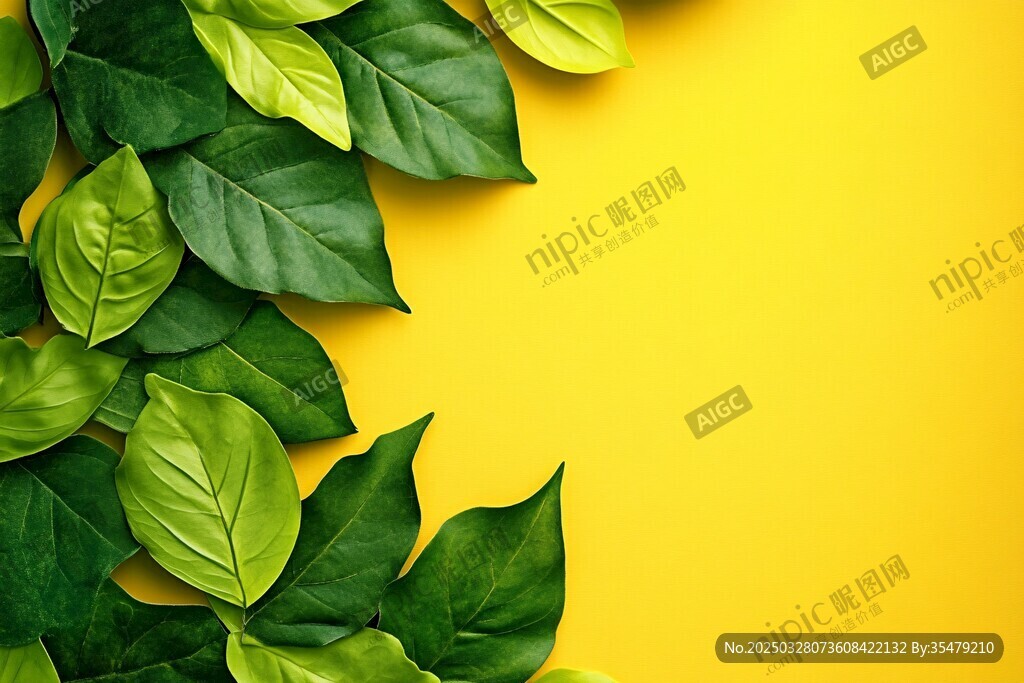 綠葉裝點的明亮黃色背景