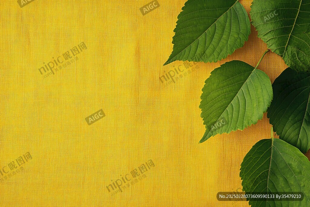 黃底綠葉清新靜物圖