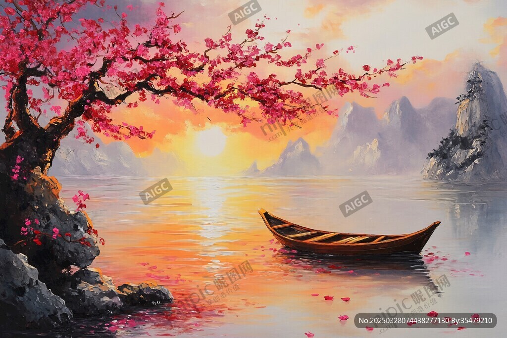 春日江畔孤舟賞景圖