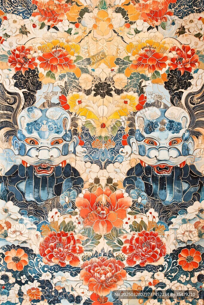 傳統(tǒng)雙獅花卉精美圖案
