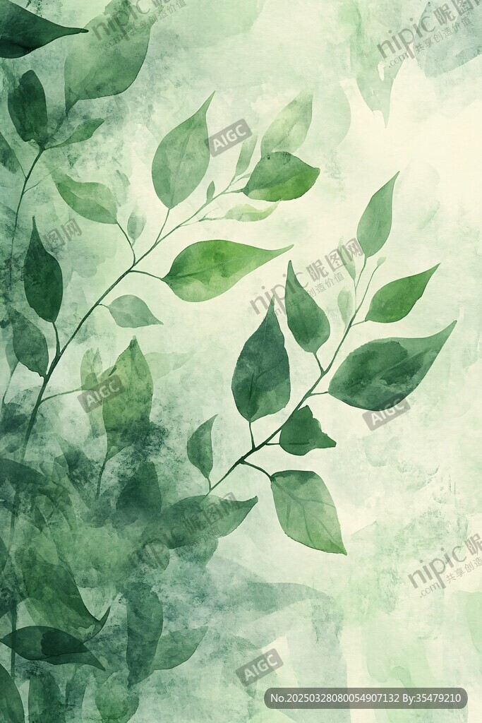 清新綠葉水彩背景圖