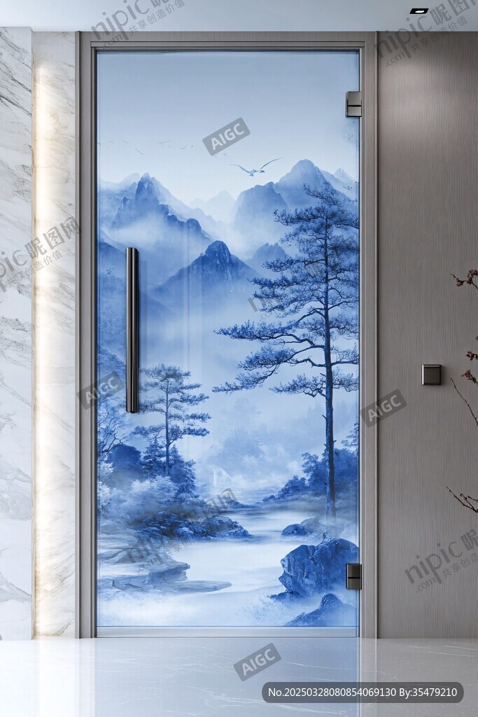 中式山水風玻璃門裝飾畫